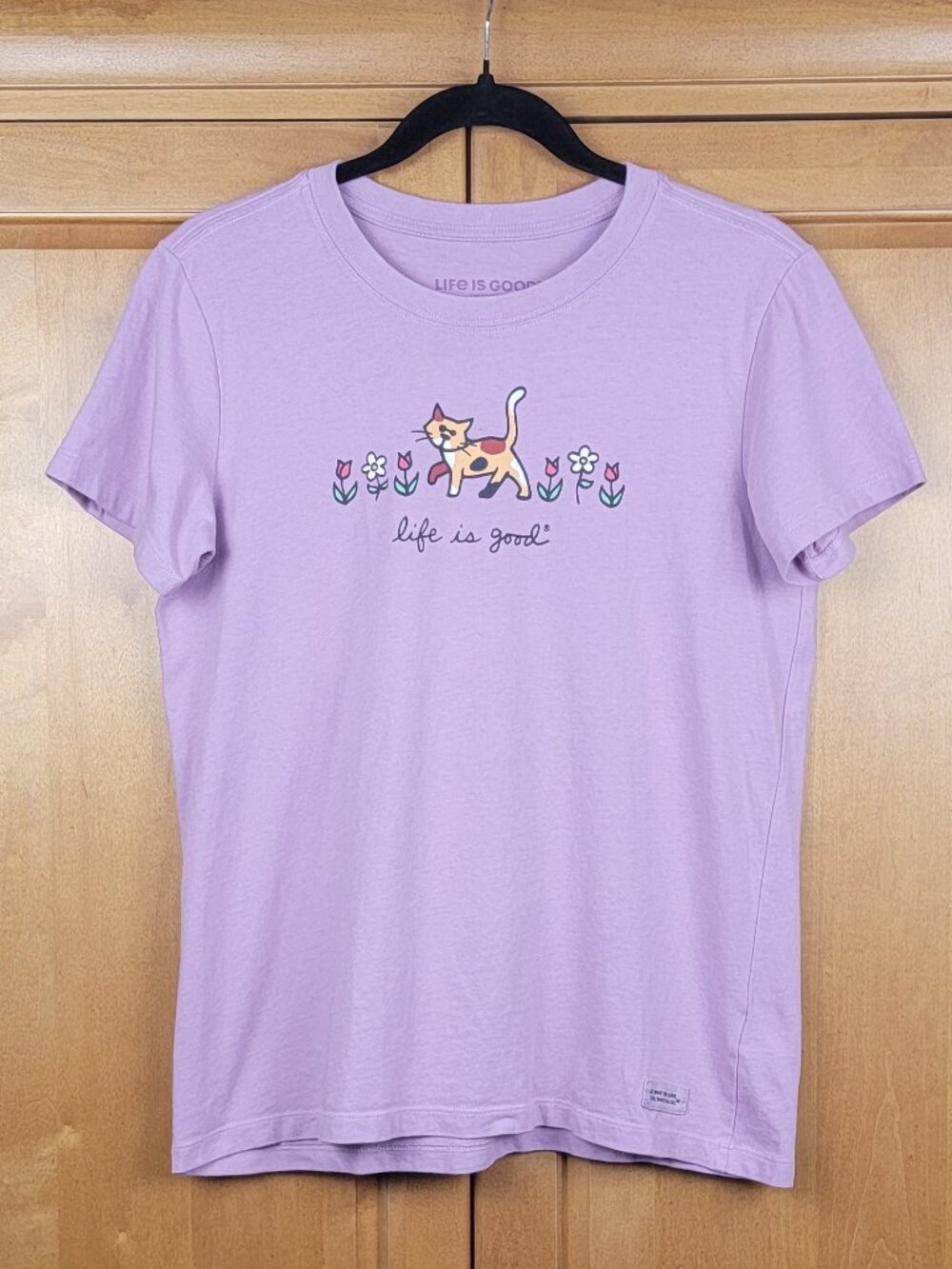 Life Is Good Lavender Crew Neck Calico Cat & Flowers Crusher Tee - M